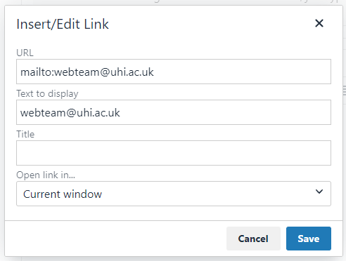 Screenshot of email in external link example