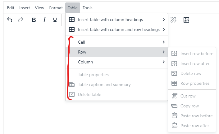 Screenshot of table formatting options