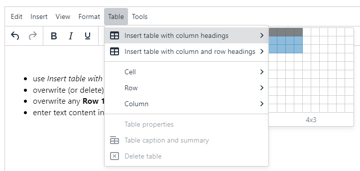 Screenshot of table creation menu location