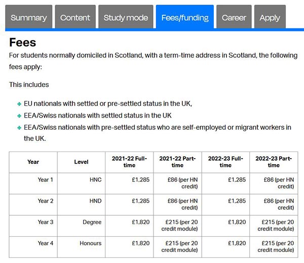 Screenshot of fees information on fees/funding tab of a course page