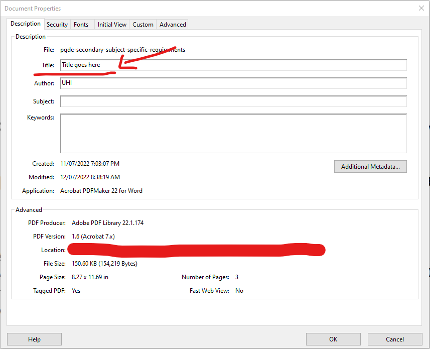 Screenshot of changing the title of a document in adobe acrobat