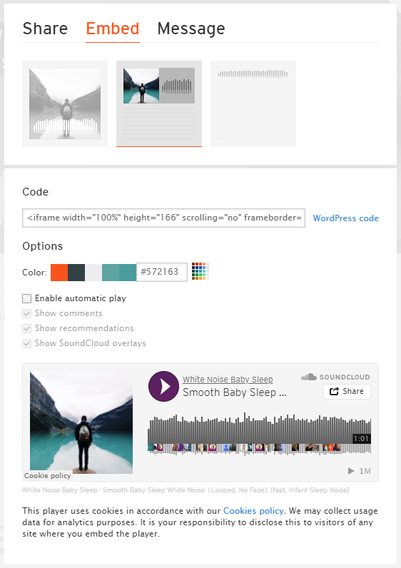 A screenshot of the Soundcloud embed options on the website