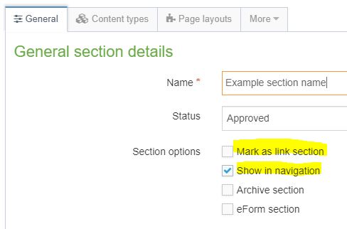 Options when creating a Section